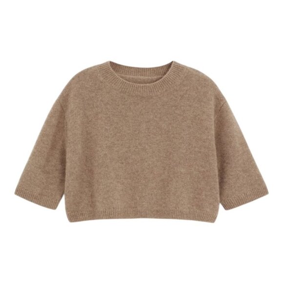 Mango Brown Cashmere Cropped Crewneck Short Sleeve Sweater Medium Minimalist - Picture 4 of 11